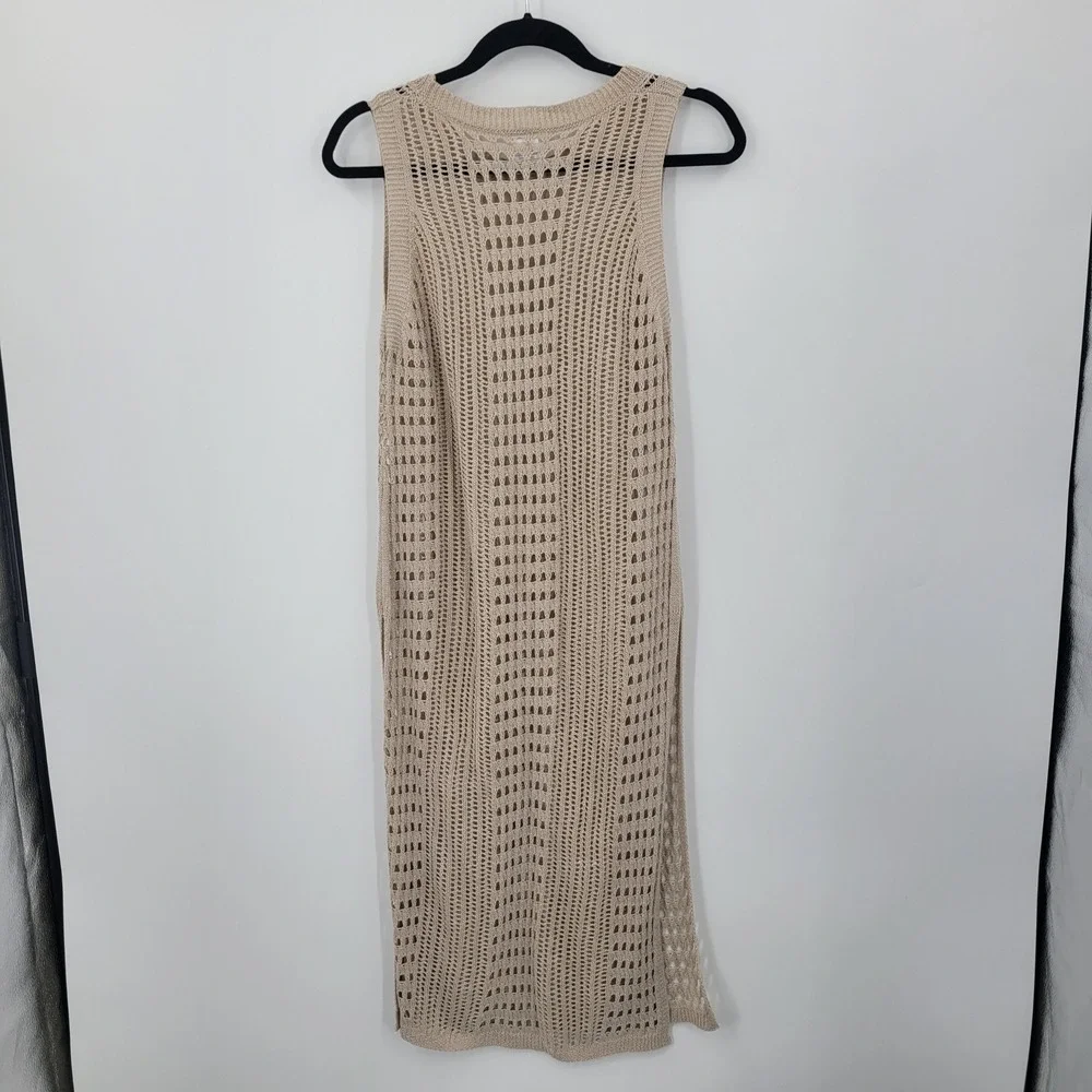 Cha‎ Cha Vente Beach Resort Tan Crochet Maxi Dress Swim Cover-Up Sz M Side Slits